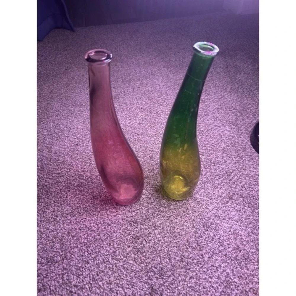 PAIR 2pc Long Flute Glass Vases Pink Green Craft Birthday Spring Colorful Tinted